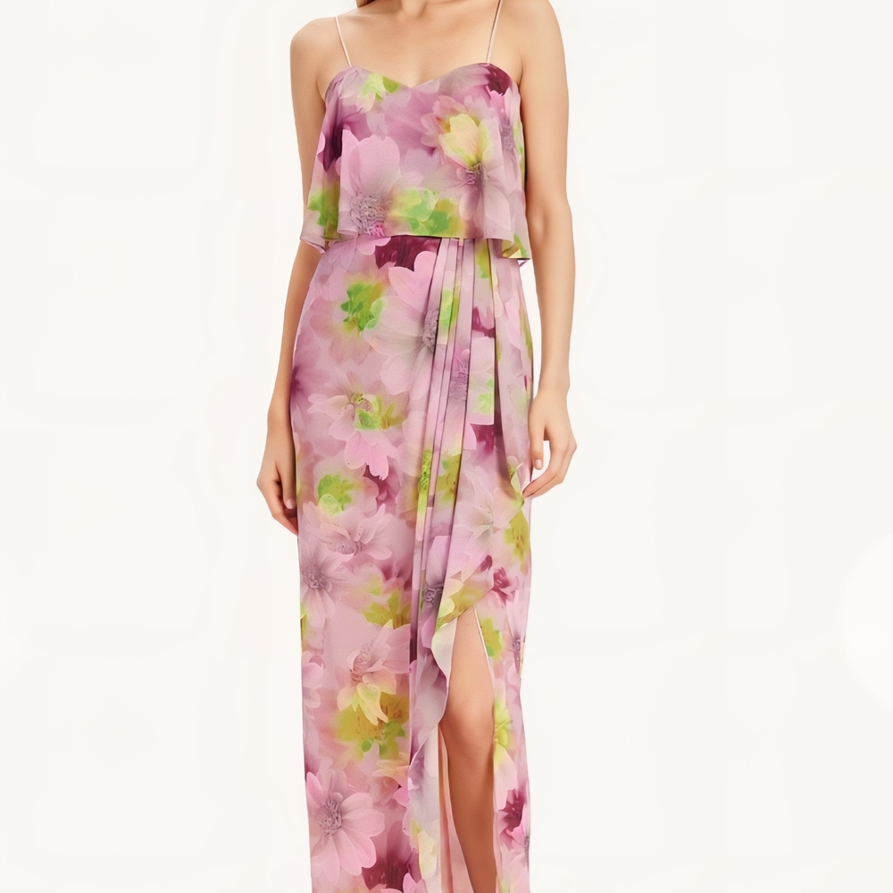 Badgley Mischka Strapless Floral Georgette Dress  Popover Bodice and Front Slit